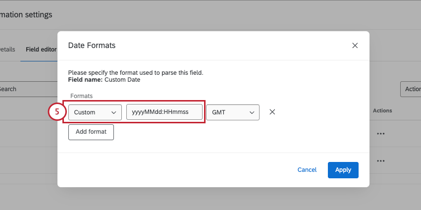 new modal with custom selected for date format