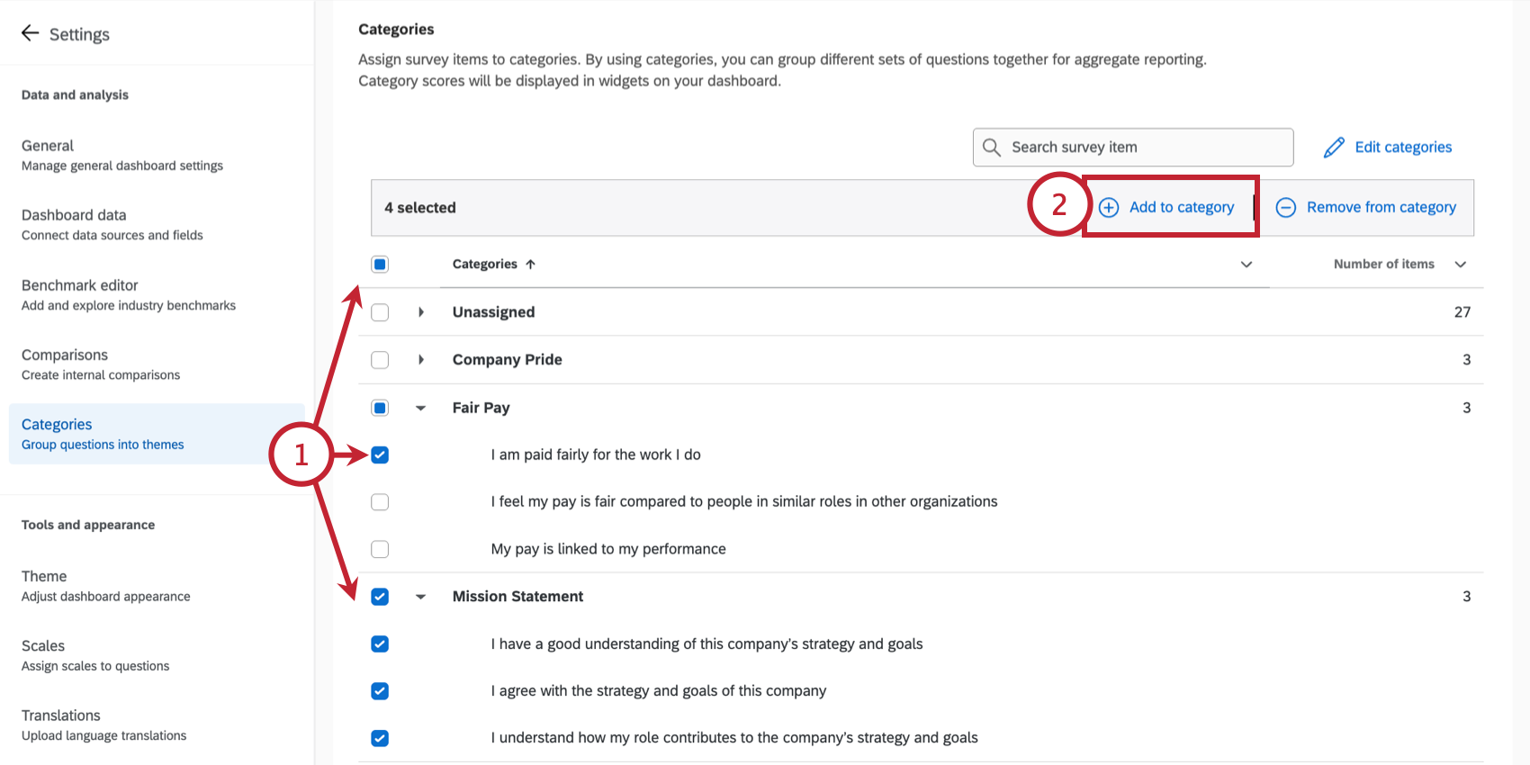 choosing items to assign to the category