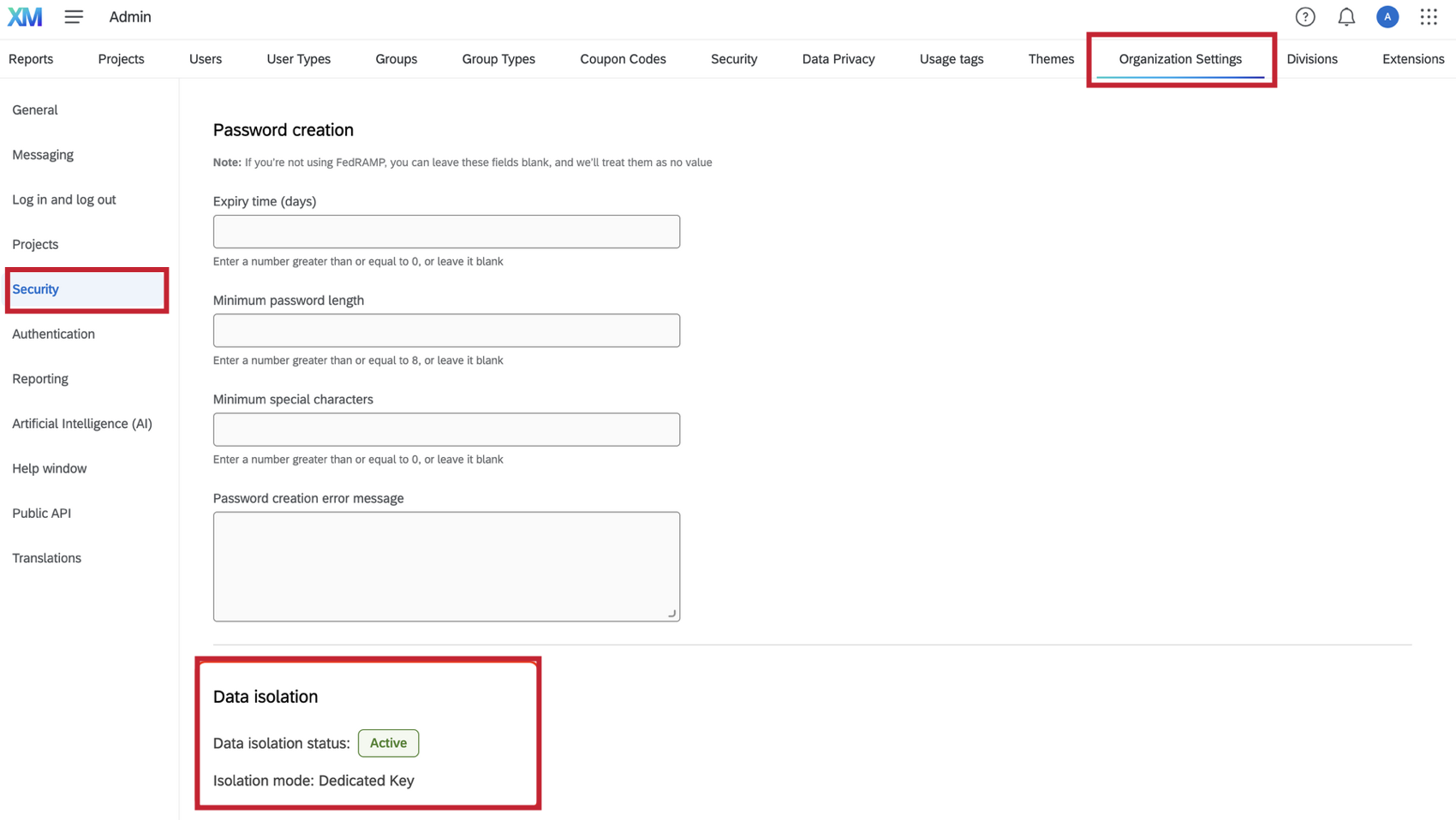 the data isolation section of security settings