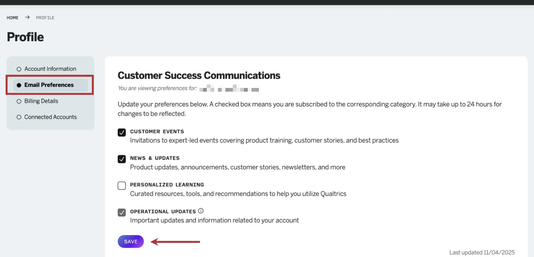 "Email Preferences" section highlighted within the customer hub