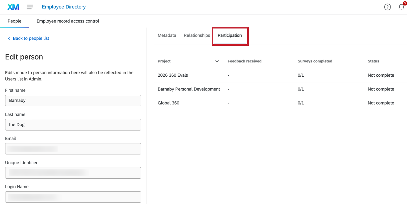 The Participation tab when viewing a participant in the employee directory
