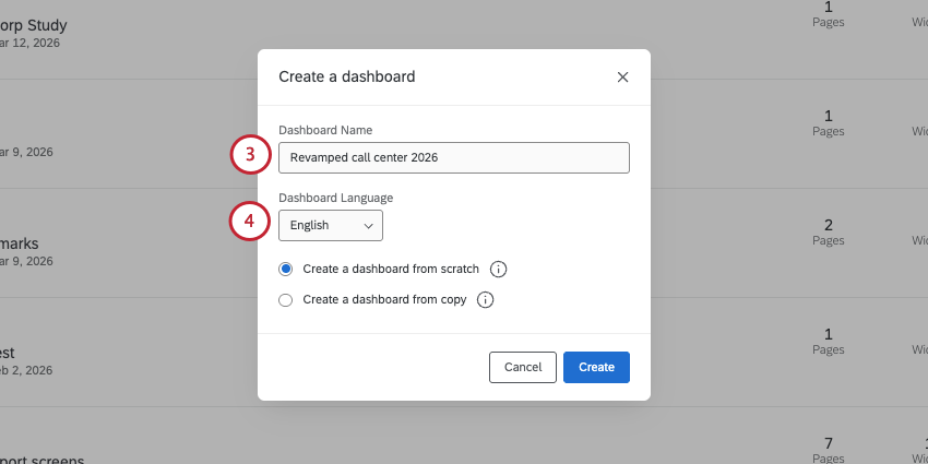 new window called create a dashboard. name field. english selected as language. create from scratch selected