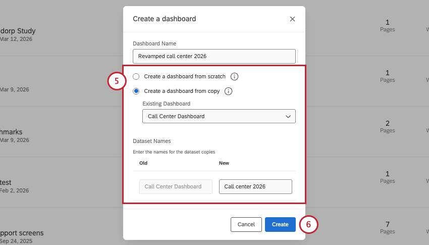 create a dashboard from a copy is selected, showing how you then select the exact dashboard and the dataset name
