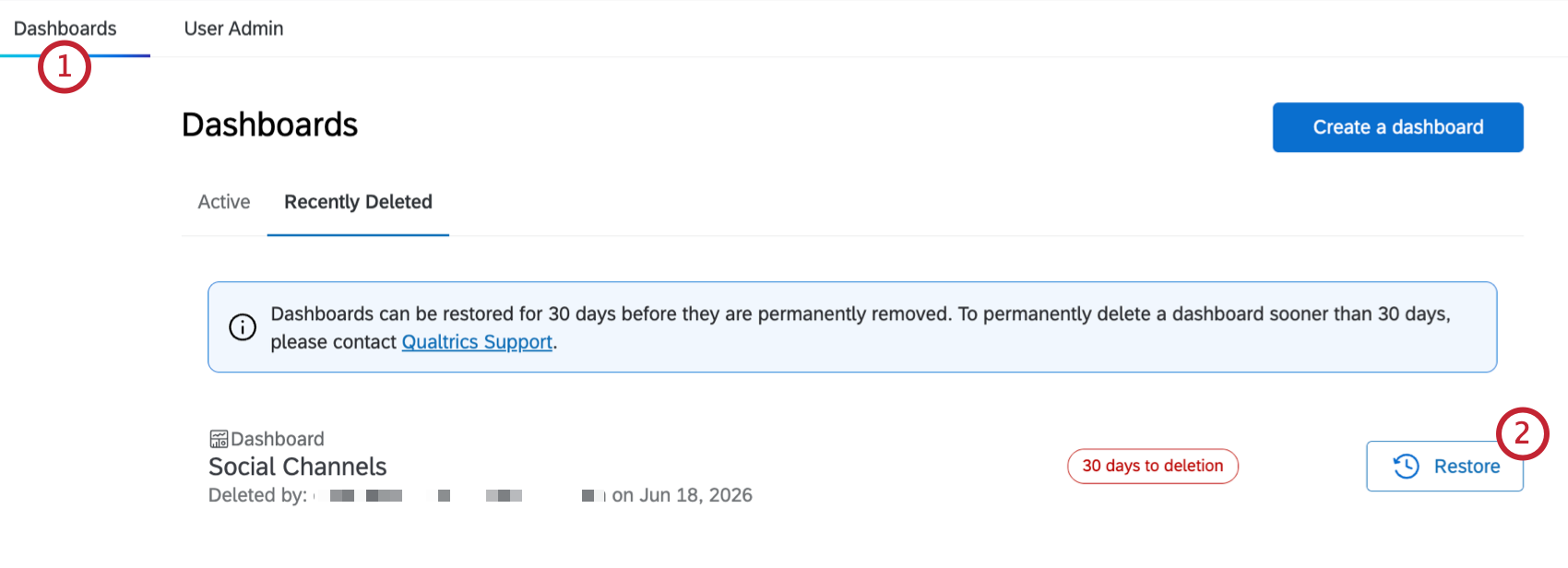 "restore" button highlighted within the recently deleted tab