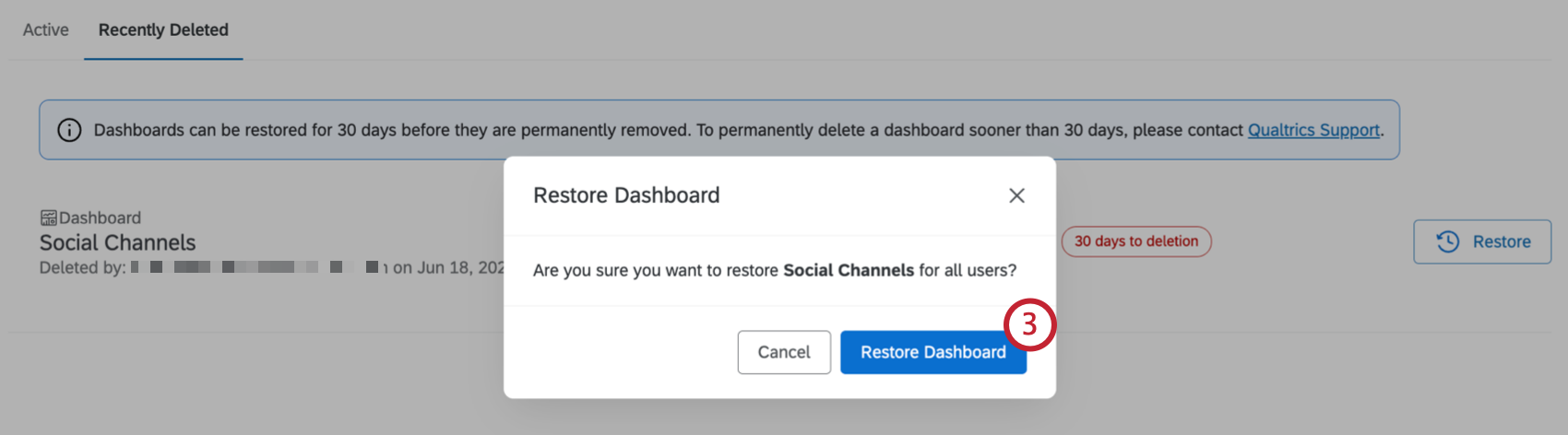 confirmation dialogue to confirm you want to restore a dashboard