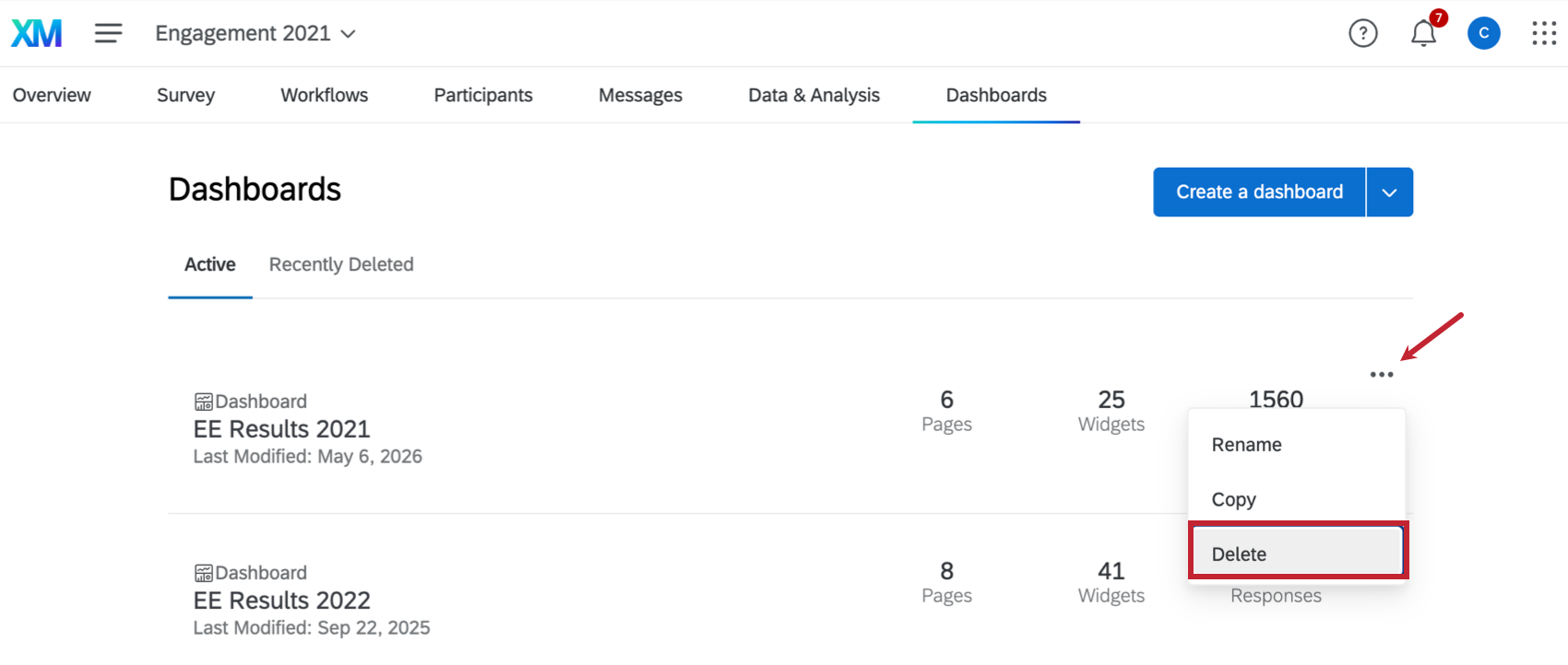"delete" option highlighted next to a dashboard
