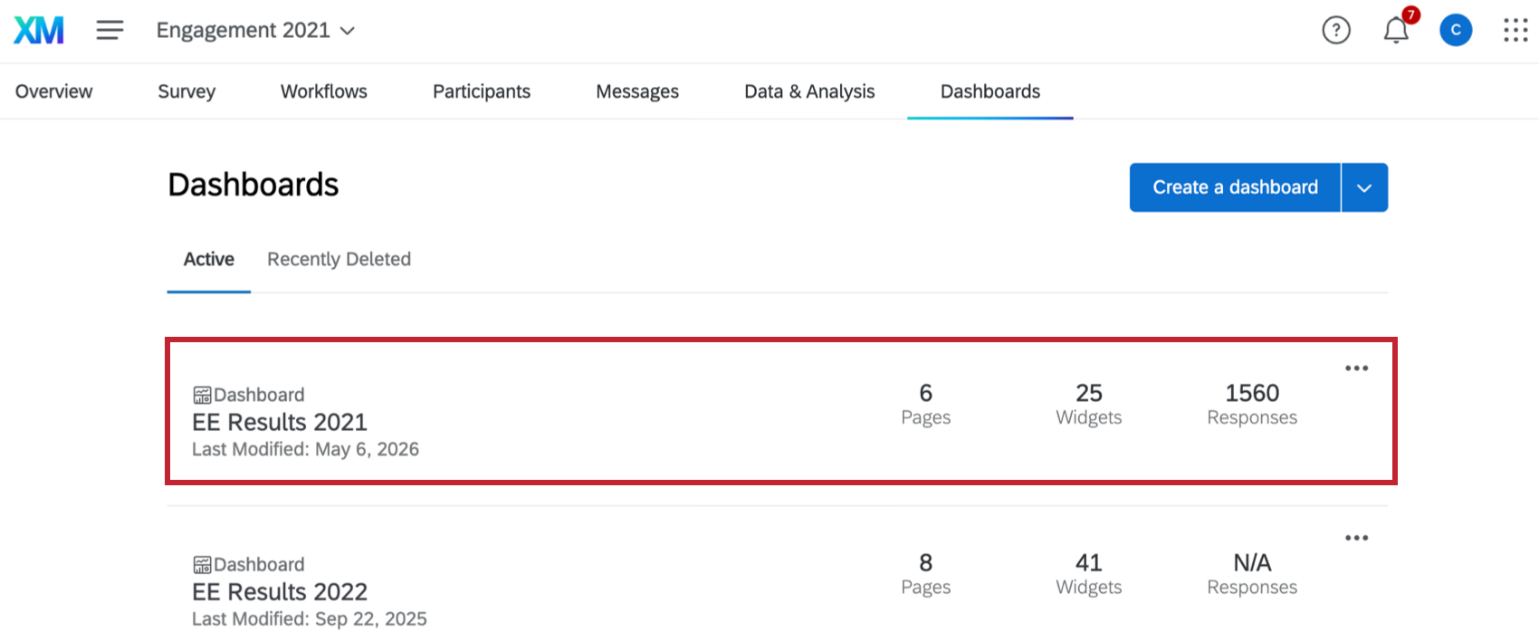 a single dashboard highlighted within the larger dashboard project