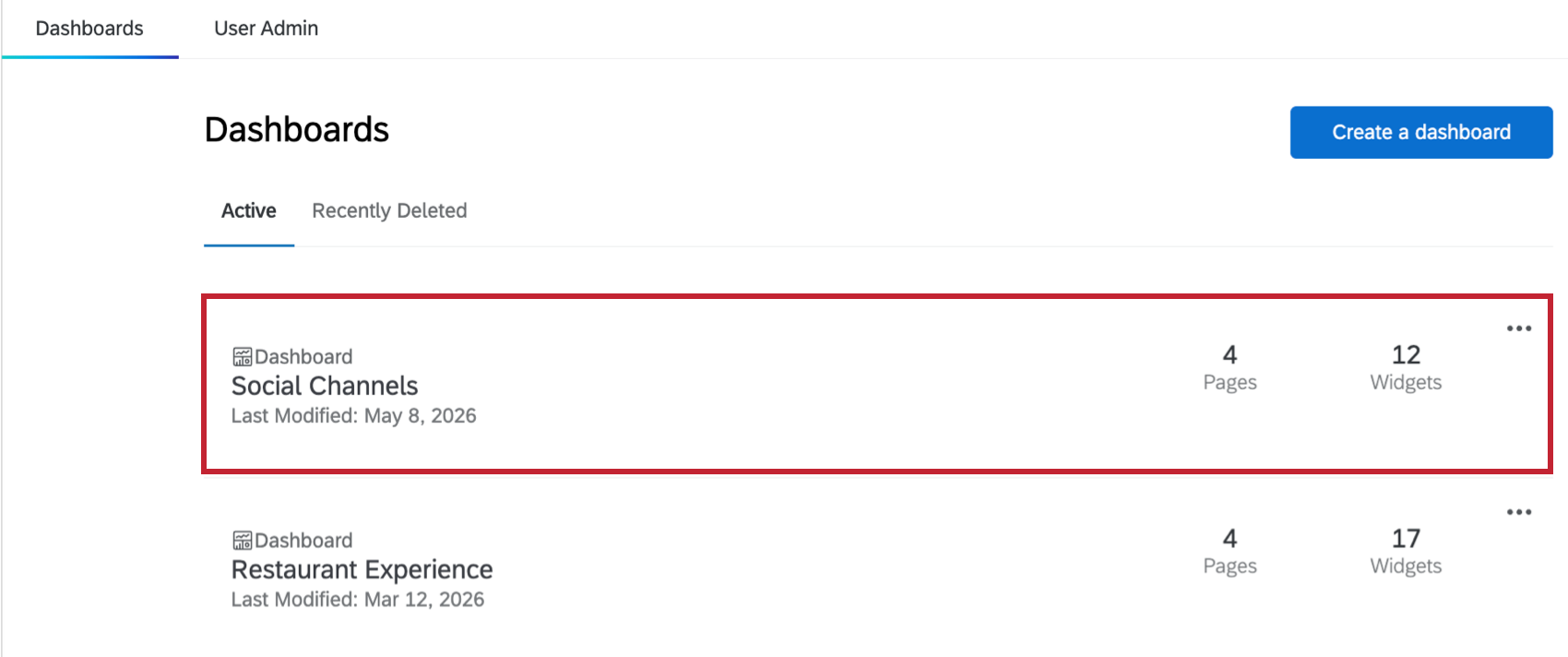 an individual dashboard highlighted within a dashboard project