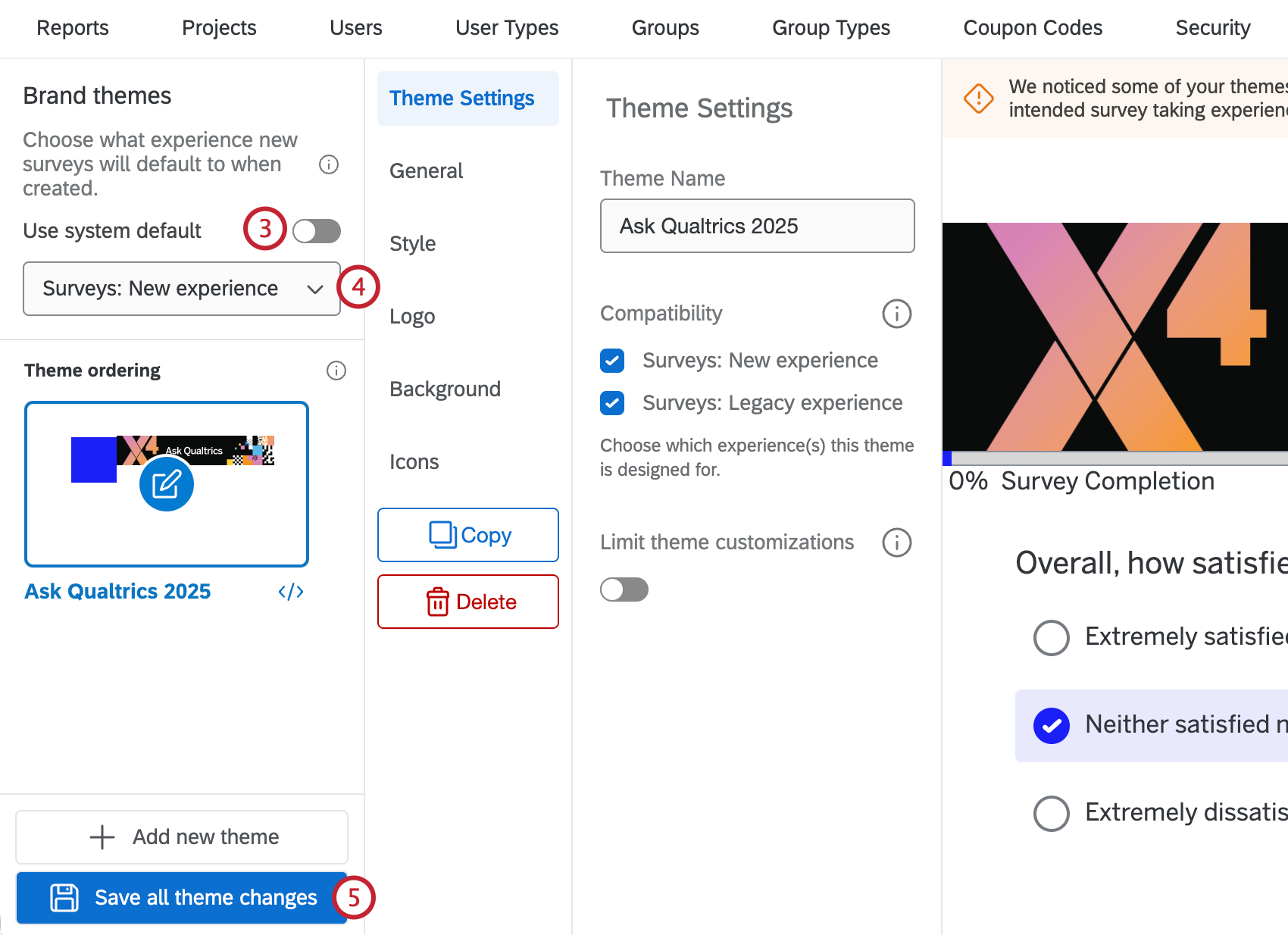 brand theme options in the admin tab