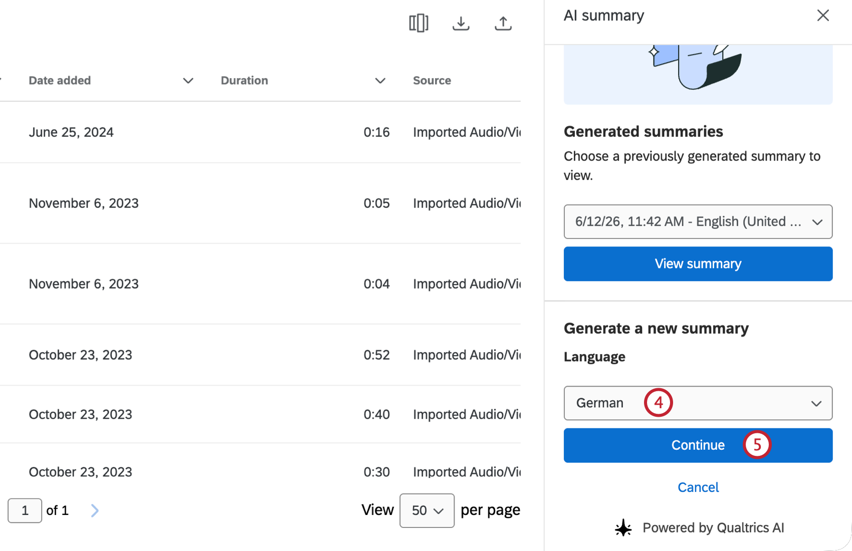 dropdown to select a new language, and continue button to generate a new summary