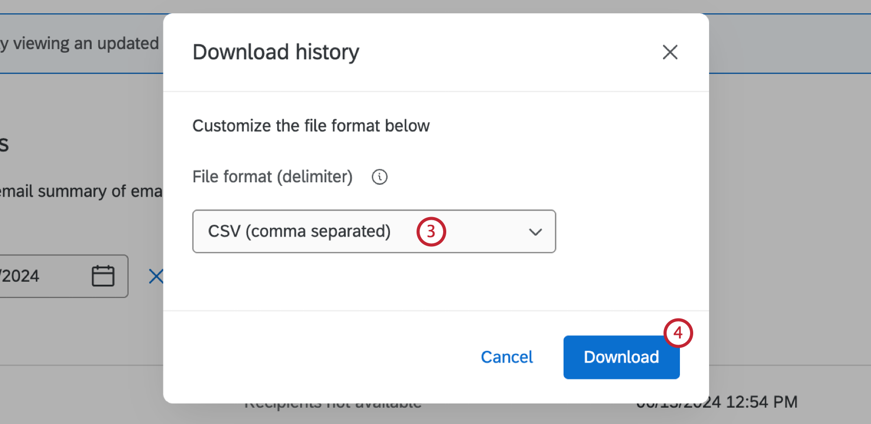 dropdown to select a delimiter for the downloaded distribution history
