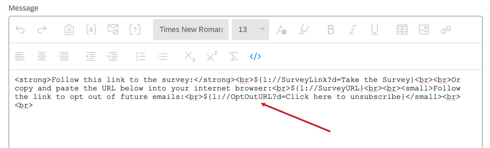 arrow pointing to the survey URL field within the html view of the email editor