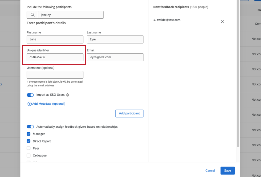 what the page for manually uploading feedback recipients looks like