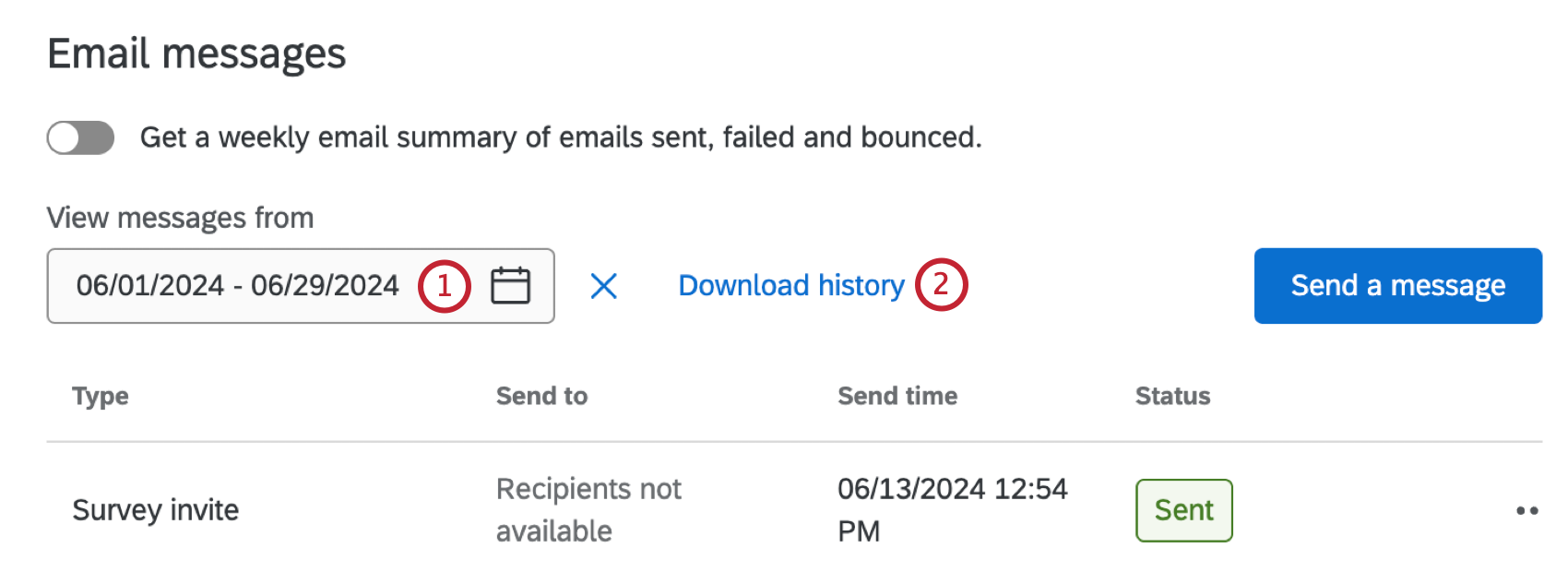 filtering distribution history by dates, and the button to download the history