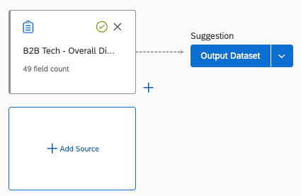 data model only shows 1 source. to the right is a suggestion to add an output dataset node