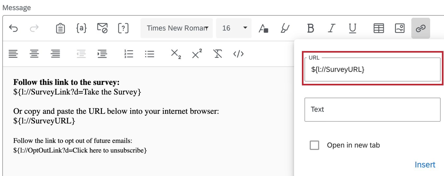 survey url highlighted within the URL menu