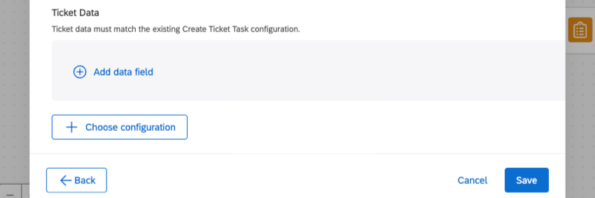 options to add a data field when you select ticket data as a configuration within the task