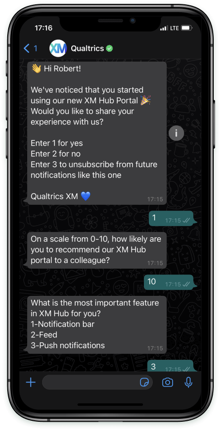 A 2-way Whatsapp exchange displayed in an iphone screen