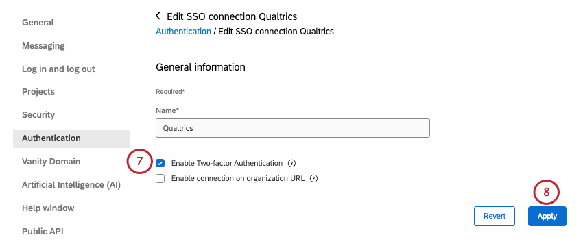 option to rename connection, add 2FA, or add a vanity URL
