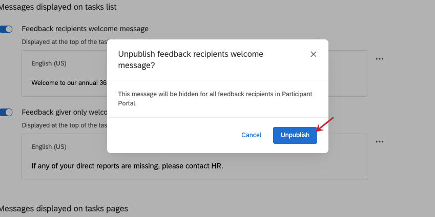 new modal opens with unpublish button