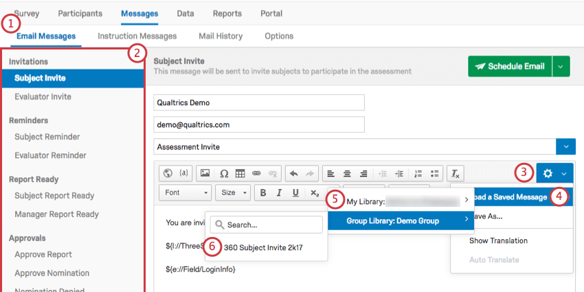 Loading a saved message from the library