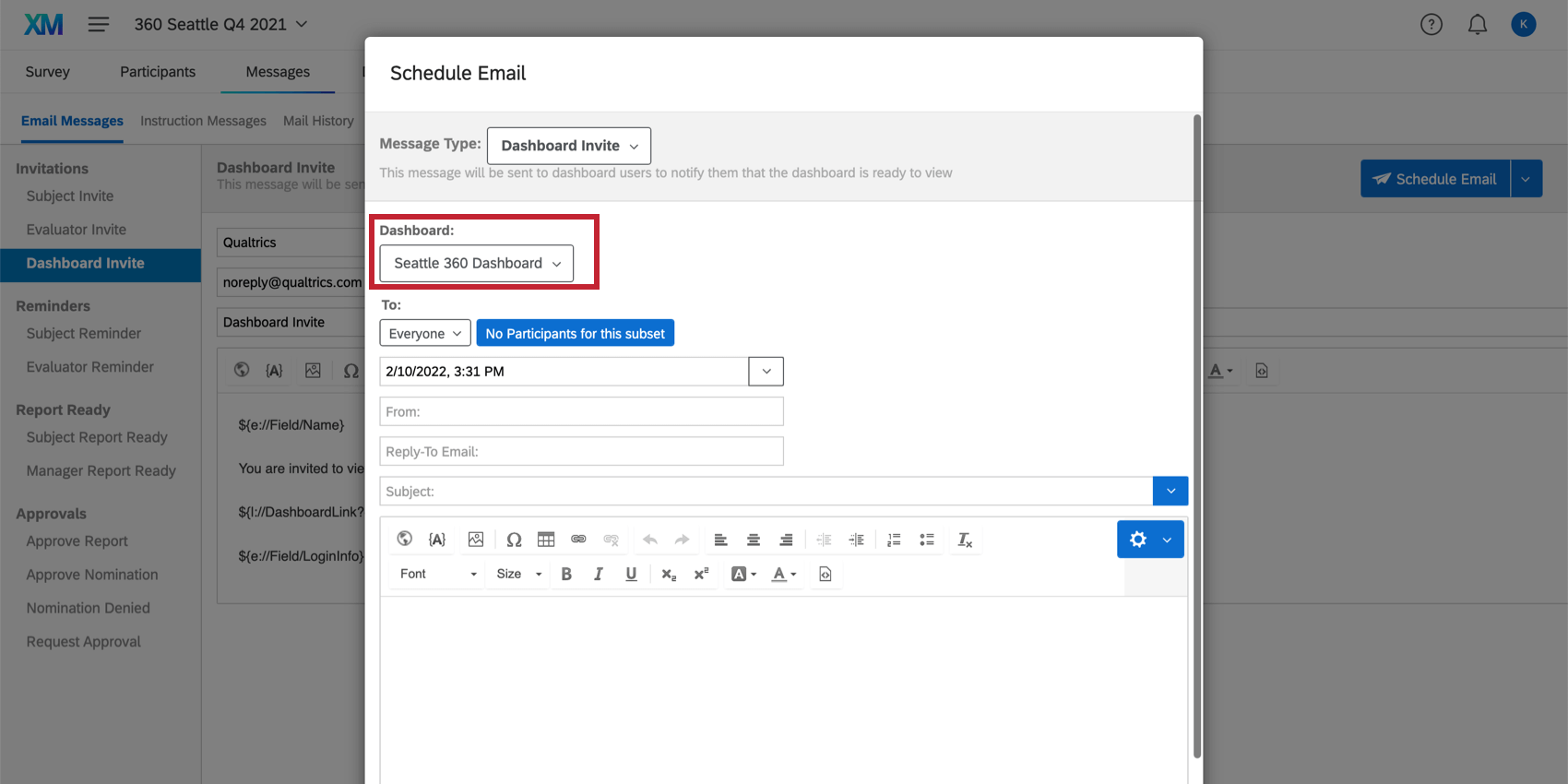 Top of Schedule Email window, where you can set an anonymity threshold and dashboard
