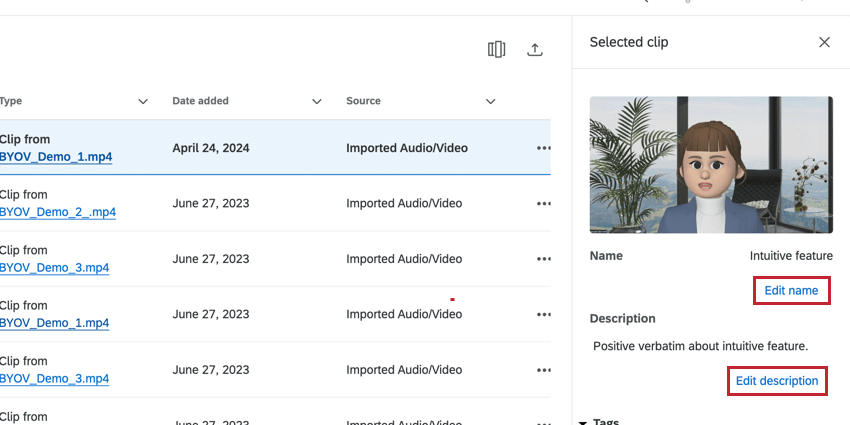 Edit name button and edit description button