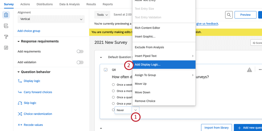 adding display logic to an answer choice by using the answer choice options menu