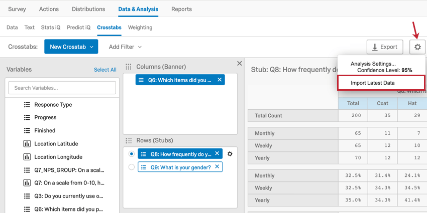 image of a crosstab with the settings button in the top right highlighted. The Import Latest Data option is selected