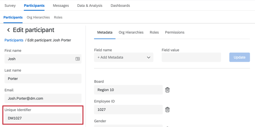 editing the unique identifier value for a participant