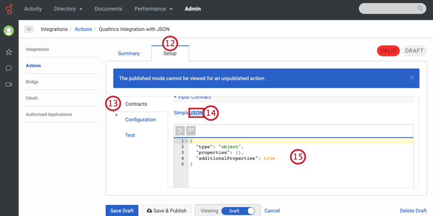 selecting JSON and defining our properties in the contracts setup tab