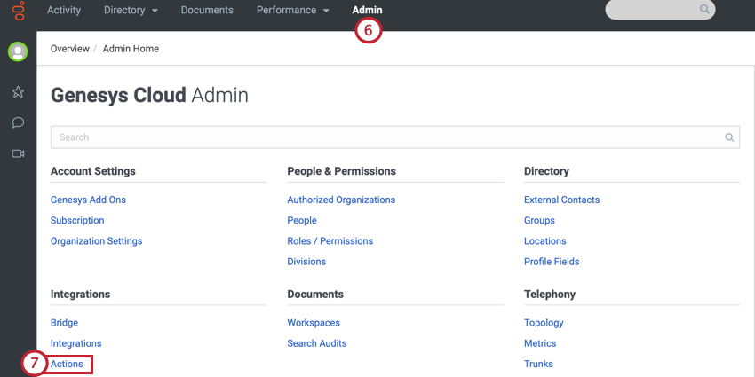 accessing actions from the admin tab