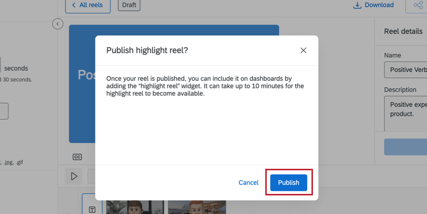 Publish button in the highlight reel pop up