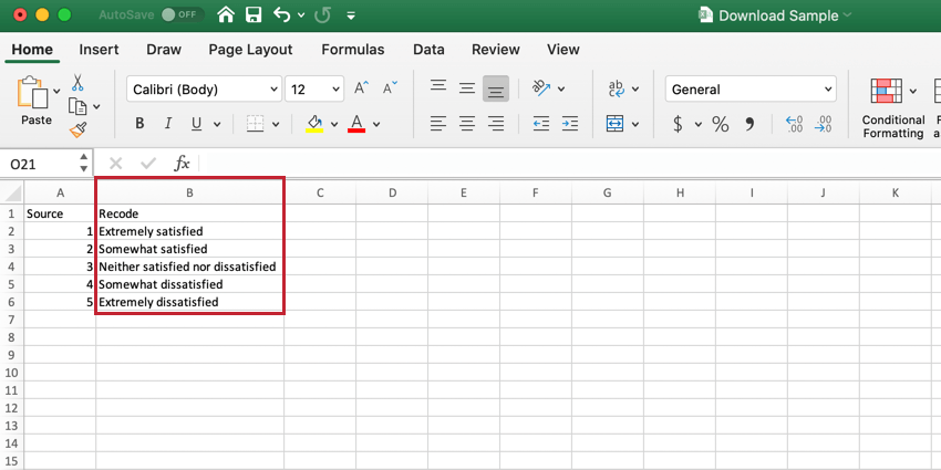 image of a CSV file opened in mircosoft excel for defining recode values