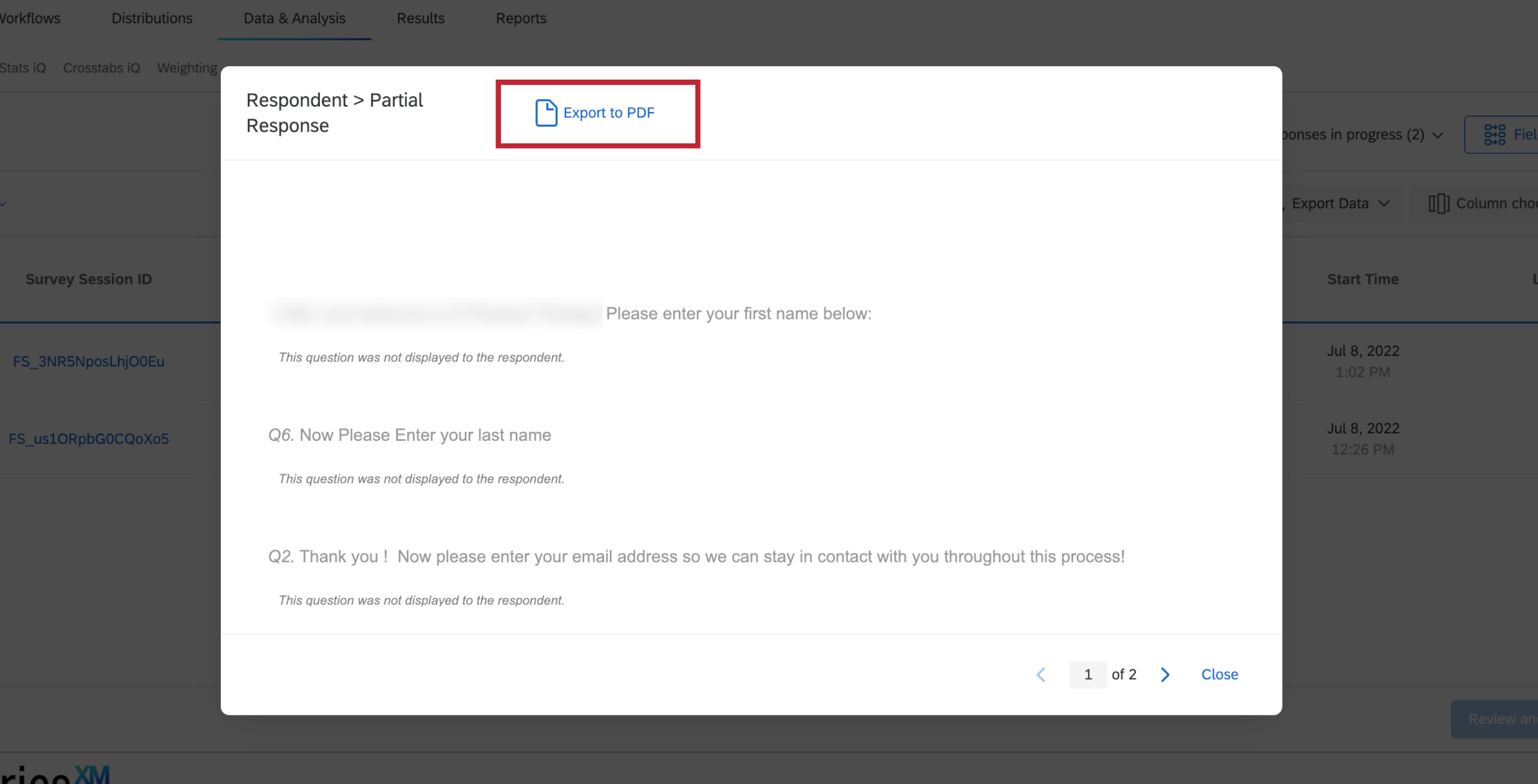 One Response in Progress is open, with Export to PDF highlighted