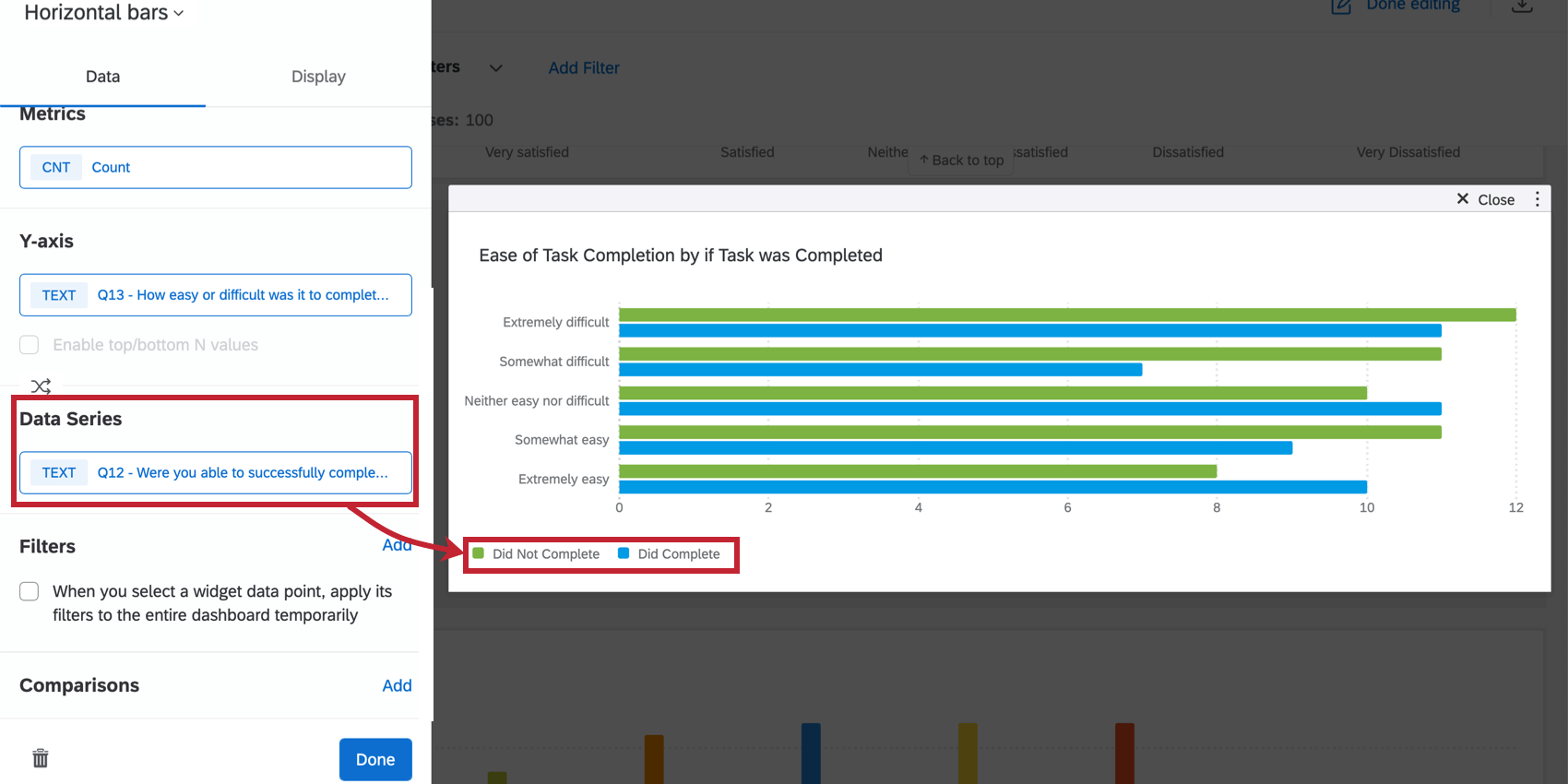 Shows the data series options at the bottom of a bar chart widget.