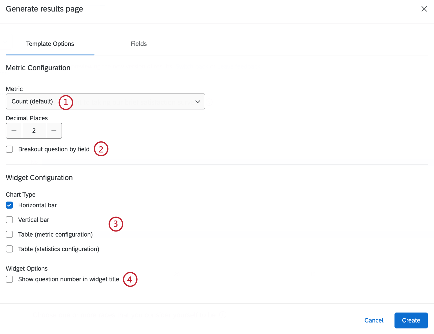 configuring template options when creating a results page