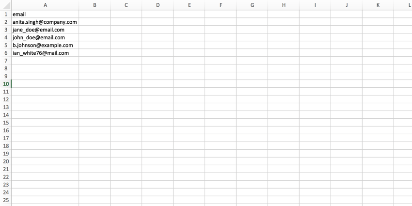 .CSV file with an email header and a list of emails underneath