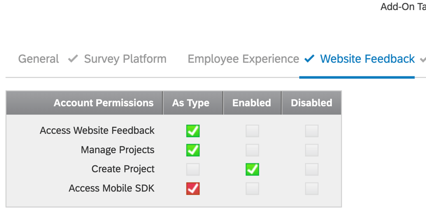 Close up of the Users page under Admin settings for Website/App Feedback settings