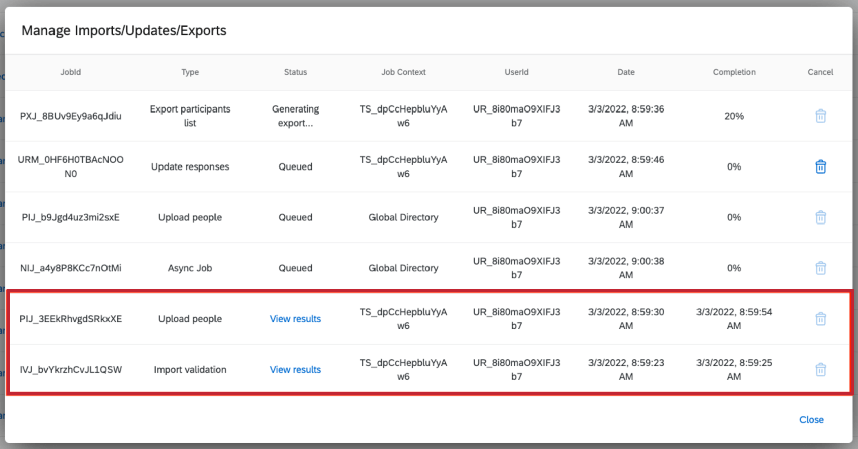 Complete jobs shown at the bottom of the Manage Imports/Updates/Exports modal