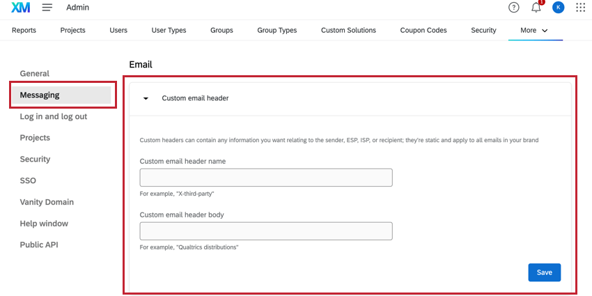 Custom Email Header settings in the Email tab