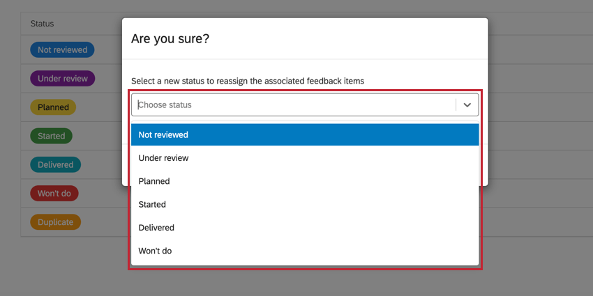 image of the dropdown menu for choosing a new status when deleting a status