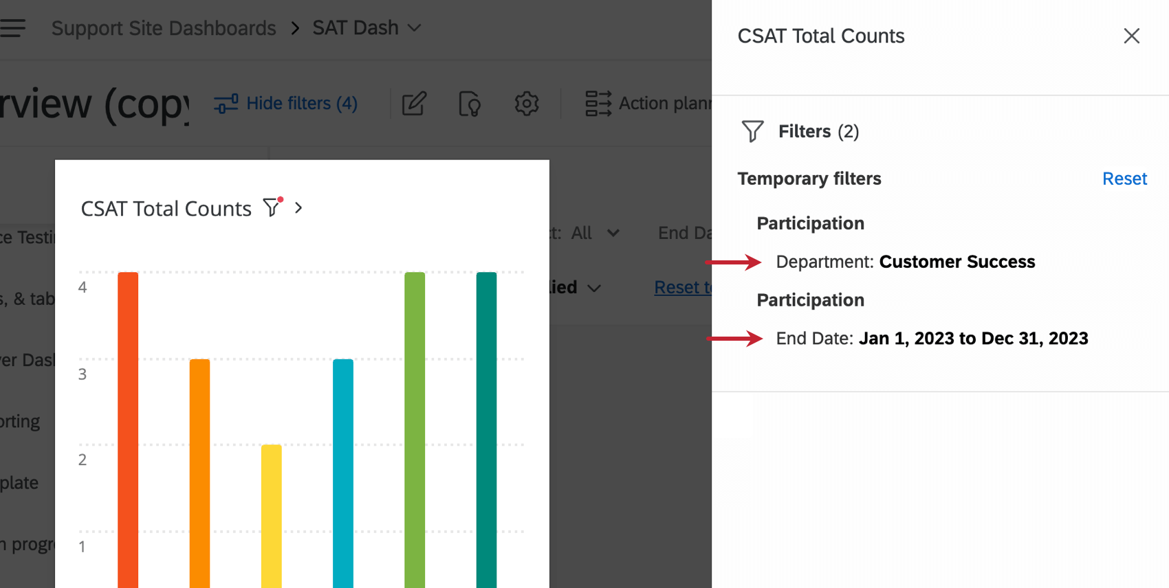Multiple temporary filters applied to the same widget, shown in the Filters menu