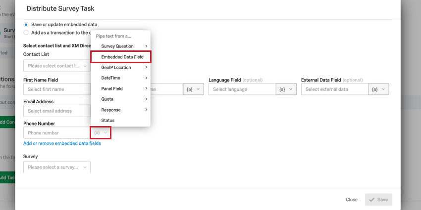 image of the xm directory task showing how to pipe in phone number from embedded data