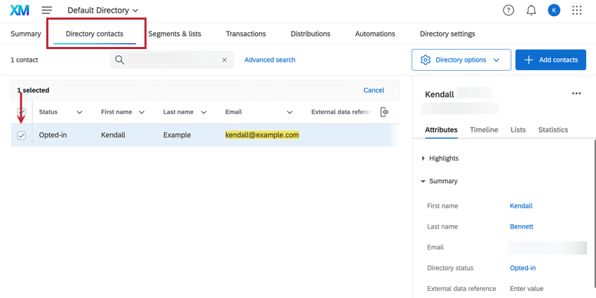 In the Directory Contacts tab, a contact is selected