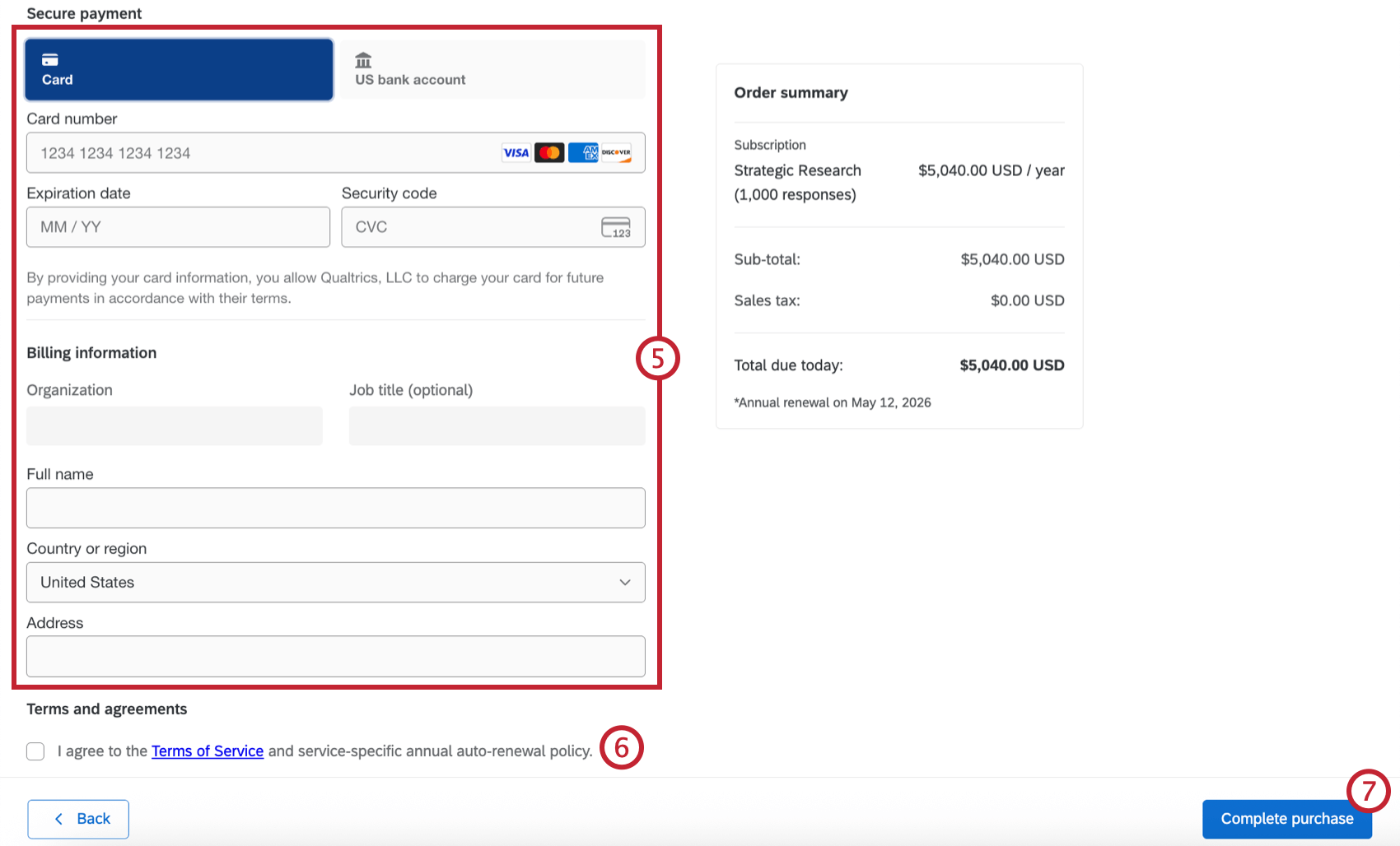 page with fields to enter card information
