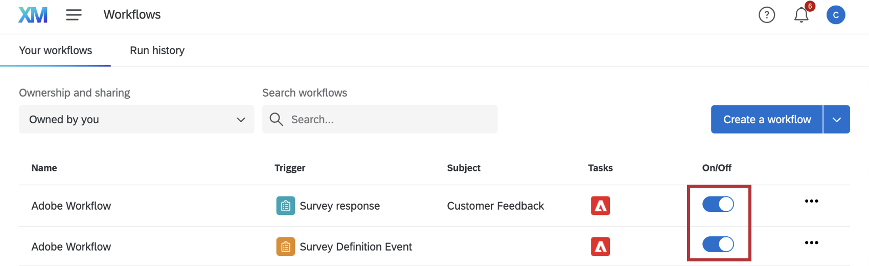 the workflows are switched on