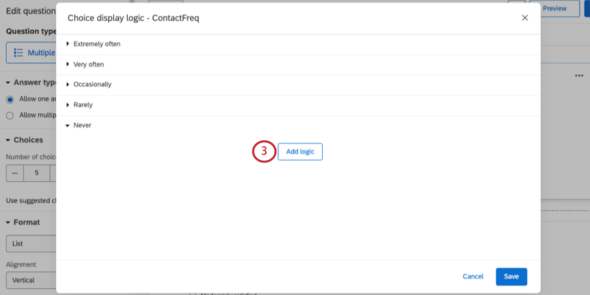 New window where there's a dropdown for every answer choice. The one we chose is already expanded and there's a button there to start adding logic