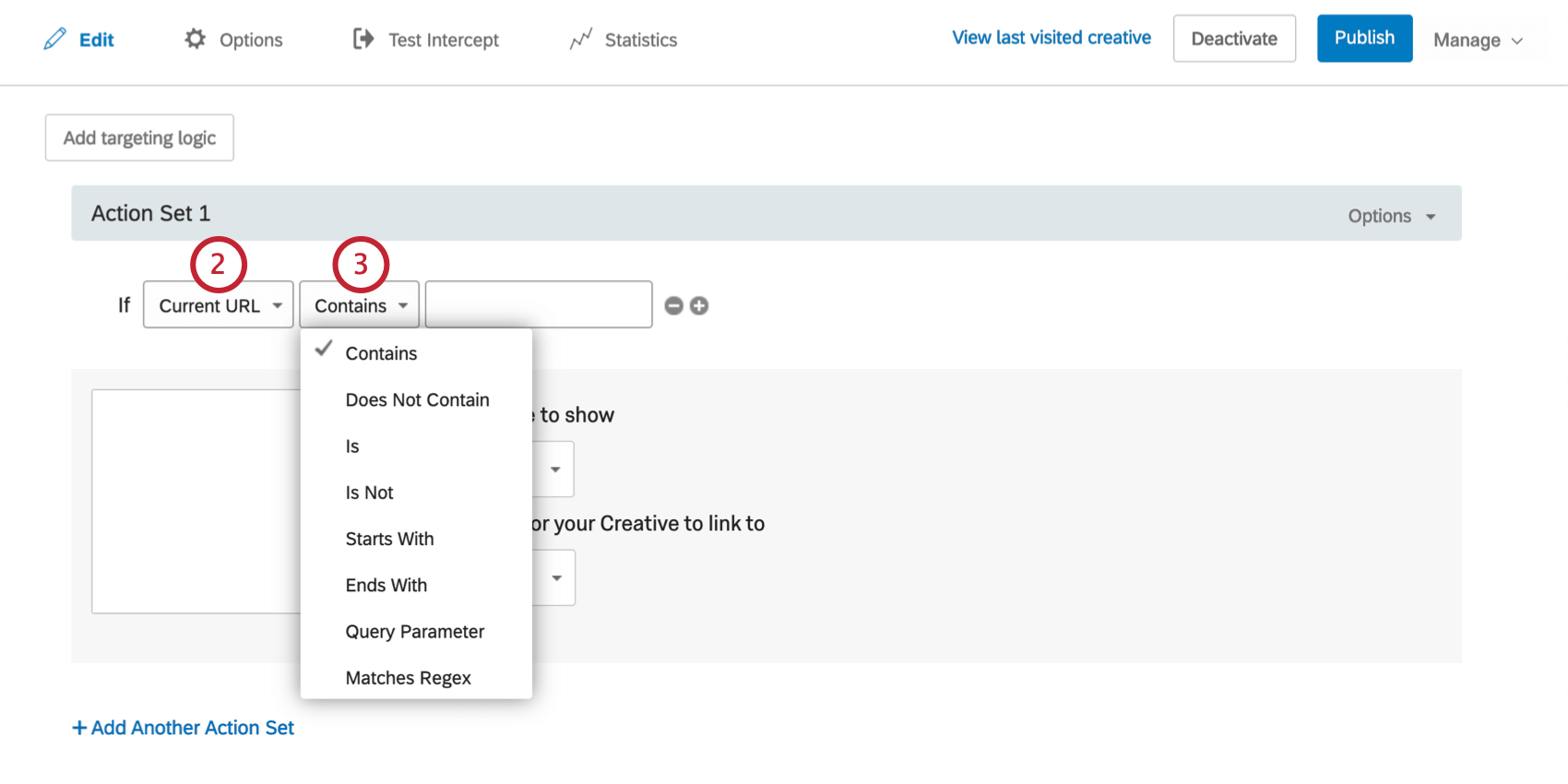 The first field says Current URL. The second field says Contains and has a dropdown to show other options