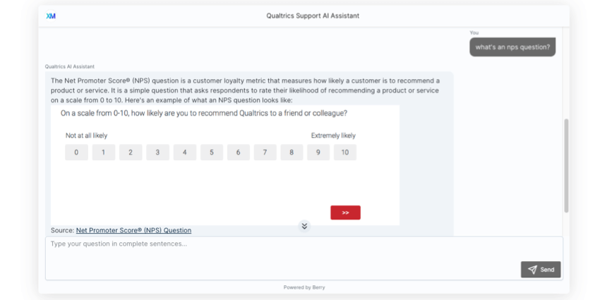 asking the chatbot about NPS questions. it gives an explanation with an image and a qualtrics link
